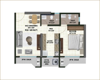 1 BHK - Type 1
              Flat no. 01 & 10 | RCA - 420 sq. Ft.
              